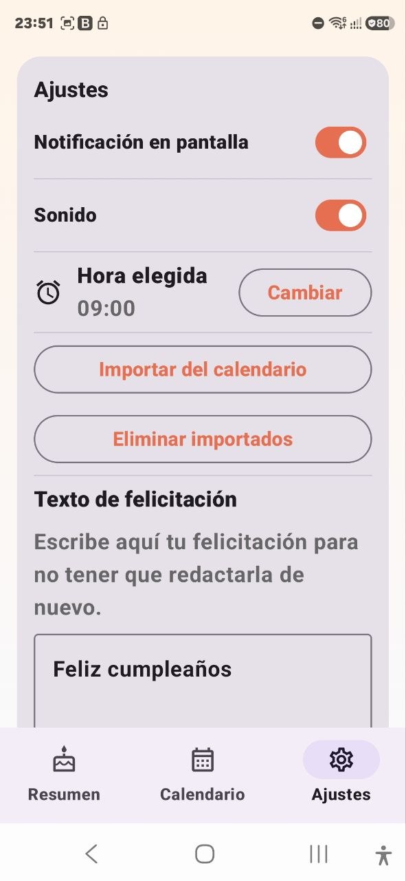 Pantalla de ajustes de Cumpleaños Feliz con el texto de felicitacion