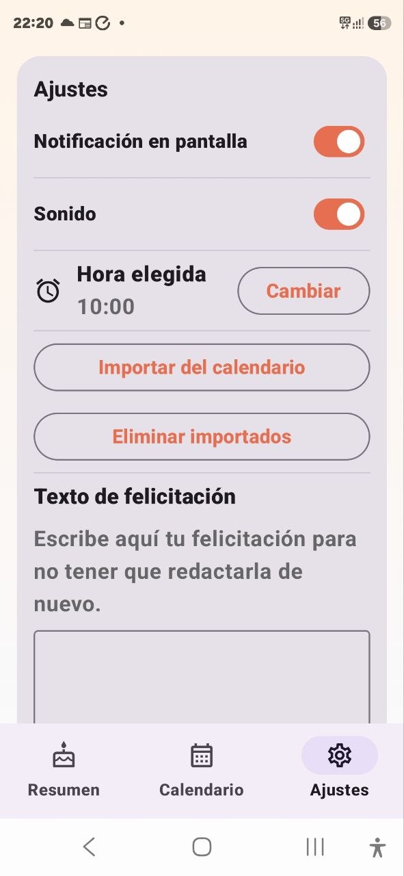 Pantalla de ajustes de Cumpleaños Feliz con los botones Importar del calendario y Eliminar importados