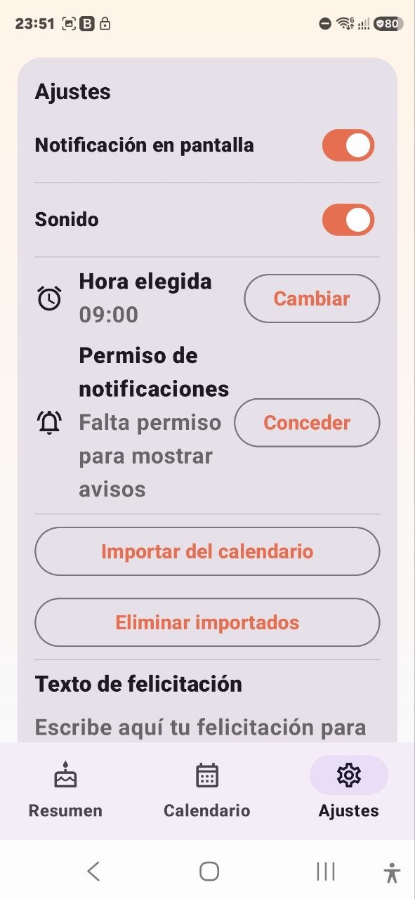 Pantalla de ajustes de Cumpleaños Feliz con notificaciones, sonido y hora elegida