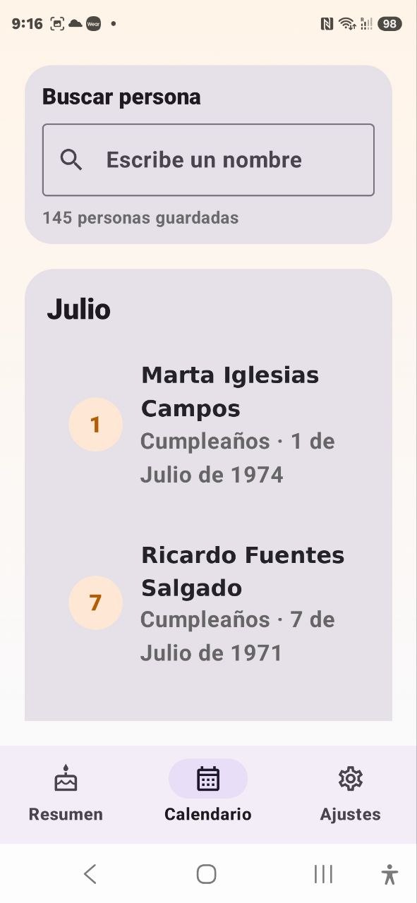 Pantalla del menu Calendario de Cumpleaños Feliz con buscador y vista mensual de felicitaciones
