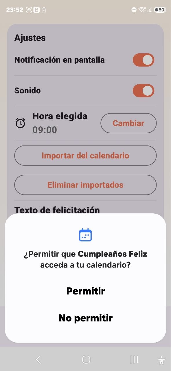 Ventana de permiso para acceder al calendario en Cumpleaños Feliz