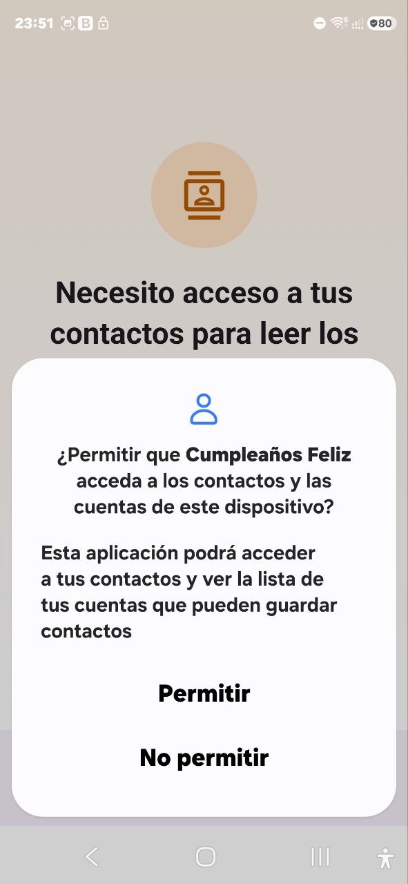 Ventana de permiso para acceder a los contactos en Cumpleaños Feliz
