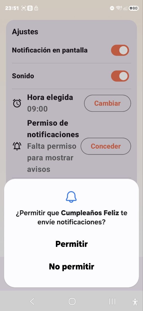 Ventana de permiso para enviar notificaciones en Cumpleaños Feliz