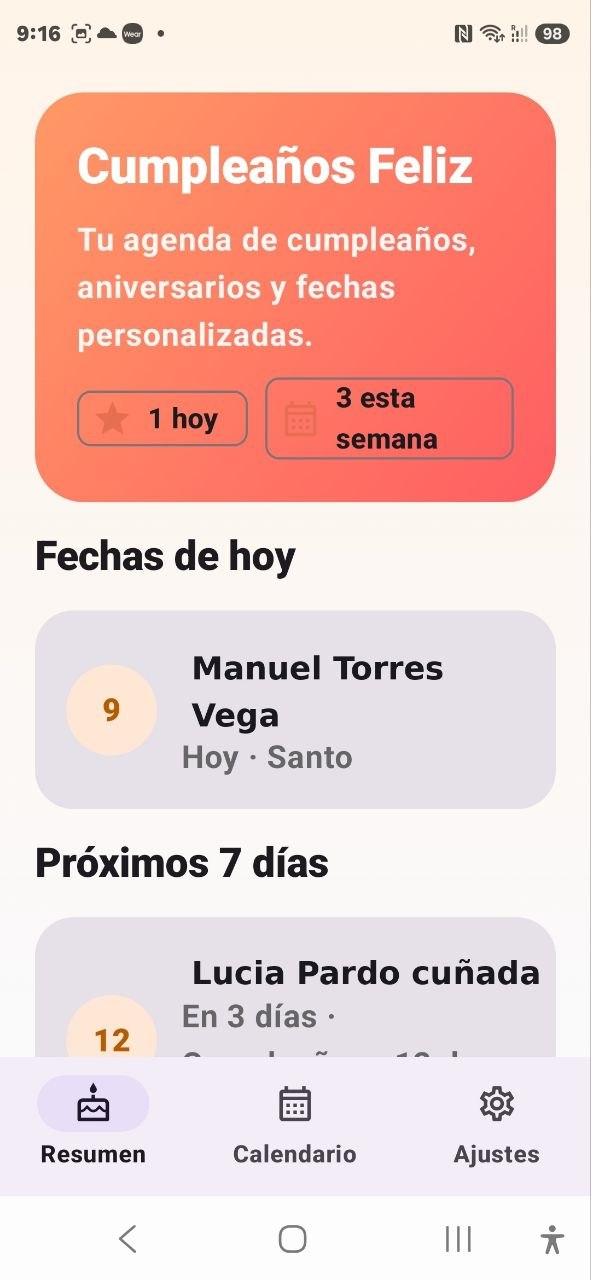 Pantalla Resumen de la app Cumpleaños Feliz con fechas de hoy y de los proximos 7 dias